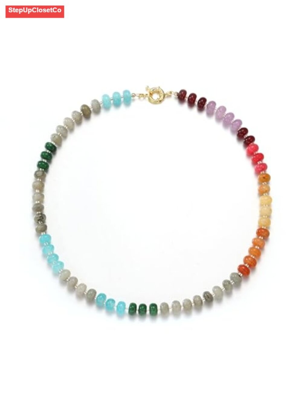 Handmade Natural Stone Beaded Choker Necklace 14.5" Bohemian Gold Plated